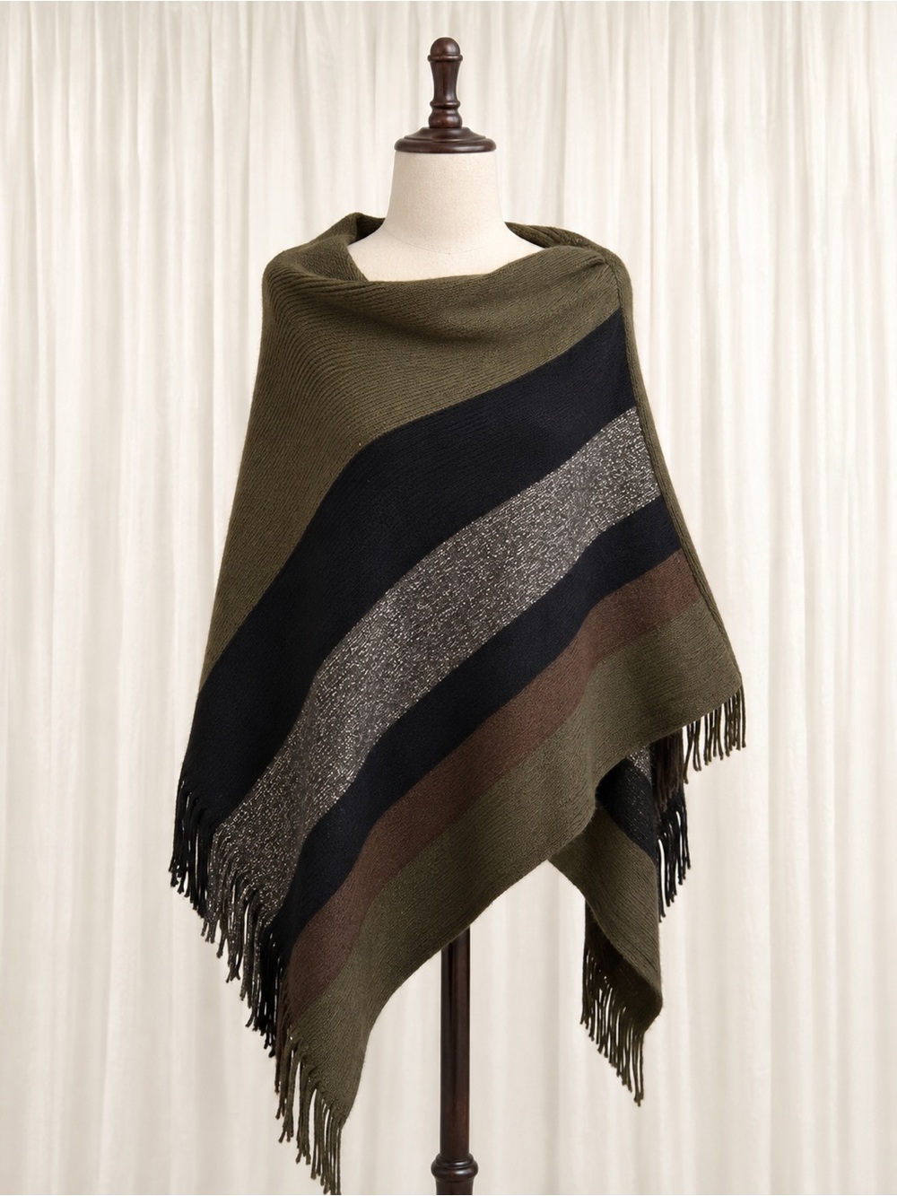Olive Green Striped Fringe Poncho